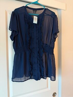 Torrid navy ruffle-front sheer blouse